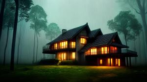 A rainy night and a surreal house in forest