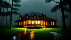 A rainy night and a surreal house in forest