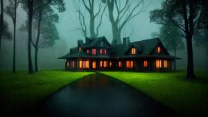 A rainy night and a surreal house in forest