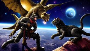 DADRK, space, cat hugs a dragon