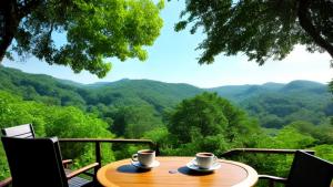 natural view, a cup of coffee, a table, trees, reiver