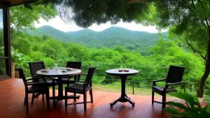 natural view, a cup of coffee, a table, trees, reiver