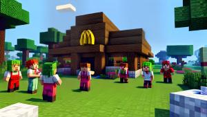 Minecraft villagers working at McDonalds making hamburgers for Minecraft villager customers in Minecraft style