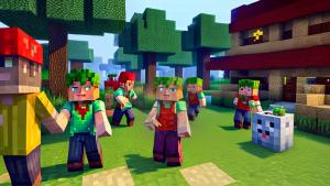 Minecraft villagers working at McDonalds making hamburgers for Minecraft villager customers in Minecraft style