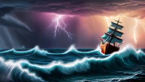 stormy skies and fierce waves on an ocean scene with a 18th century ship with lightning striking in the distance in Minecraft style