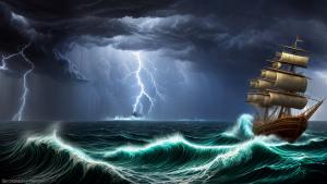 stormy skies and fierce waves on an ocean scene with a 18th century ship with lightning striking in the distance in Minecraft style