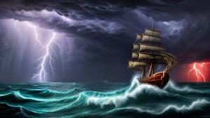 stormy skies and fierce waves on an ocean scene with a 18th century ship with lightning striking in the distance in Minecraft style