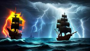 Minecraft style pirate ship on stormy seas and lightning striking in the background