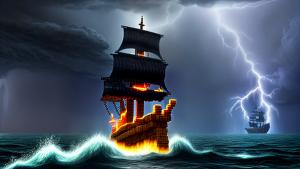 Minecraft style pirate ship on stormy seas and lightning striking in the background