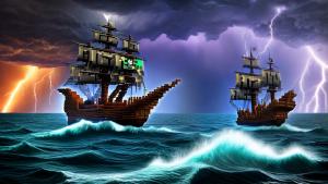 Minecraft style pirate ship on stormy seas and lightning striking in the background