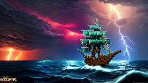 Minecraft style pirate ship on stormy seas and lightning striking in the background