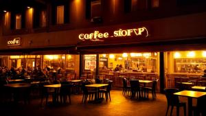 A coffee shop at night with the color scheme of golden brown