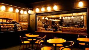 A coffee shop at night with the color scheme of golden brown