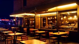 A coffee shop at night with the color scheme of golden brown