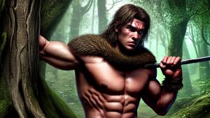 muscular young barbarian in medieval forest