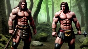 muscular young barbarian in medieval forest