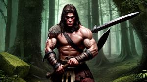 muscular young barbarian in medieval forest