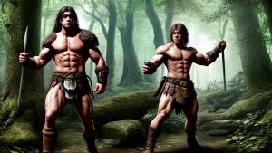 muscular young barbarian in medieval forest