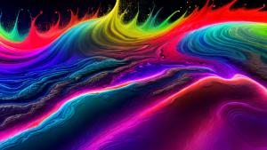 A stunning high resolution 4k abstract wallpaper with vibrant colors and psychedelic shapes. Fluid-like shapes are curved, twisted, and overlapping, creating a sense of depth and movement and resembles mountains. Background is an open landscape with black sand that glitters. A dark sky with different shades above.