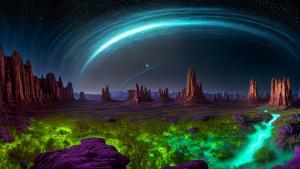 A photorealistic depiction of an alien world, a breathtaking landscape that is both strange and captivatingly beautiful. The scene showcases (bioluminescent flora) casting a soft, ethereal glow across the alien terrain. The sky above is filled with vibrant hues, with (multiple moons) illuminating the vast expanse. Unique rock formations, towering spires, and cascading waterfalls add to the otherworldly charm. The image should be rendered with meticulous attention to detail, capturing the intricate textures and colors of the alien environment. The chosen camera angle is a (panoramic shot) using a (wide-angle lens), allowing for a sweeping view that encompasses the grandeur of the landscape. The resolution is (8K) to ensure that every intricate feature of this alien world is brought to life with stunning clarity.