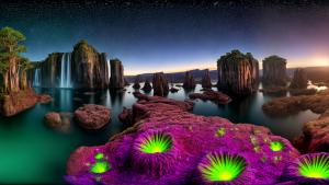 A photorealistic depiction of an alien world, a breathtaking landscape that is both strange and captivatingly beautiful. The scene showcases (bioluminescent flora) casting a soft, ethereal glow across the alien terrain. The sky above is filled with vibrant hues, with (multiple moons) illuminating the vast expanse. Unique rock formations, towering spires, and cascading waterfalls add to the otherworldly charm. The image should be rendered with meticulous attention to detail, capturing the intricate textures and colors of the alien environment. The chosen camera angle is a (panoramic shot) using a (wide-angle lens), allowing for a sweeping view that encompasses the grandeur of the landscape. The resolution is (8K) to ensure that every intricate feature of this alien world is brought to life with stunning clarity.