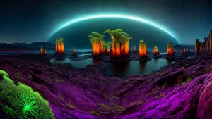 A photorealistic depiction of an alien world, a breathtaking landscape that is both strange and captivatingly beautiful. The scene showcases (bioluminescent flora) casting a soft, ethereal glow across the alien terrain. The sky above is filled with vibrant hues, with (multiple moons) illuminating the vast expanse. Unique rock formations, towering spires, and cascading waterfalls add to the otherworldly charm. The image should be rendered with meticulous attention to detail, capturing the intricate textures and colors of the alien environment. The chosen camera angle is a (panoramic shot) using a (wide-angle lens), allowing for a sweeping view that encompasses the grandeur of the landscape. The resolution is (8K) to ensure that every intricate feature of this alien world is brought to life with stunning clarity.