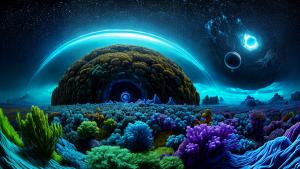 An artistic interpretation of an alien world that defies imagination, a landscape both strange and breathtakingly beautiful. The scene is depicted in a (surreal art style), with vibrant, otherworldly colors and abstract forms. The alien terrain is adorned with (floating crystal formations) and (bioluminescent plants) emitting a soft, mesmerizing glow. The sky above is a tapestry of swirling clouds and celestial phenomena, evoking a sense of wonder and awe. The chosen camera angle is a (high-angle shot) using a (fish-eye lens), distorting perspective and adding to the sense of surrealism. This artistic representation captures the essence of the alien world's unique beauty, inviting viewers to immerse themselves in its enchanting mysteries.