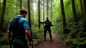 guy with weapon in the forest