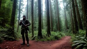 guy with weapon in the forest