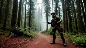 guy with weapon in the forest