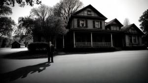 2 shadows in front of a horror house