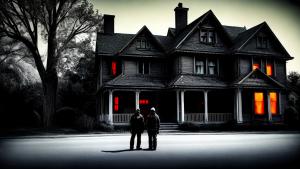 2 shadows in front of a horror house