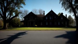 2 shadows in front of a horror house