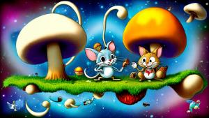 Tom and Jerry hallucination on mushrooms in space abstract