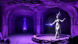 the goddess Hestia standing in a mystical dungeon made of purple crystal