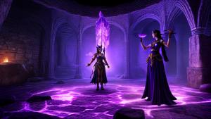 the goddess Hestia standing in a mystical dungeon made of purple crystal