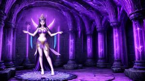 the goddess Hestia standing in a mystical dungeon made of purple crystal