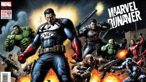 a Action image with the marvel comic hero the punisher coming at you with guns blazing