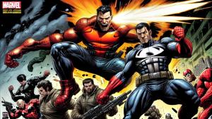 a Action image with the marvel comic hero the punisher coming at you with guns blazing