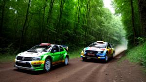 rally car going through lush green forest