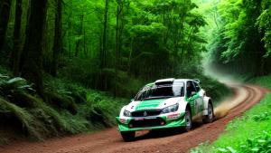 rally car going through lush green forest