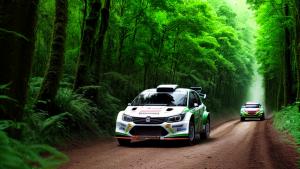 rally car going through lush green forest