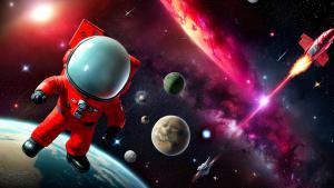 cohete y astronauta con fondo rojo