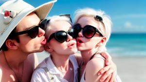 a couple of white kitten with kissing on a beach with rose on the round,wearing sunglassses