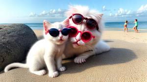 a couple of white kitten with kissing on a beach with rose on the round,wearing sunglassses