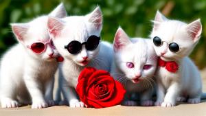 a couple of white kitten with kissing on a beach with rose on the round,wearing sunglassses