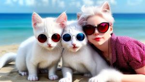 a couple of white kitten with kissing on a beach with rose on the round,wearing sunglassses