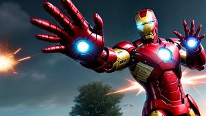 create an iron man style character in a completely realistic scenario where he is facing an enemy