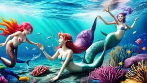 mermaids in rainbow waters chasing seahorses