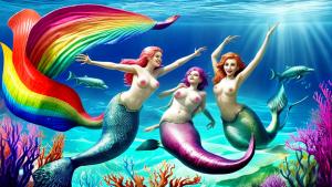 mermaids in rainbow waters chasing seahorses